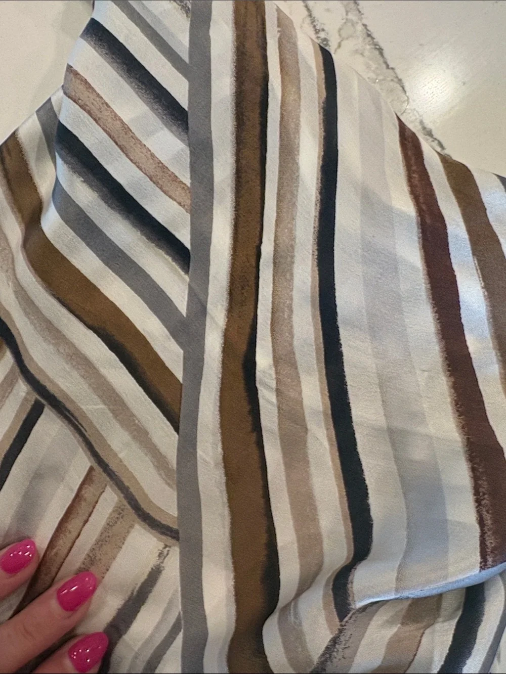 Vince Camuto Striped Asymmetrical Midi Scarf  in White, Brown & Gray 66 by 17